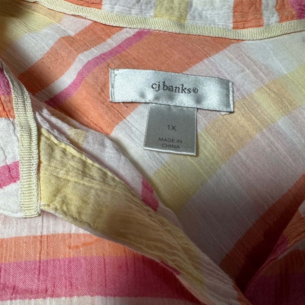 CJ Banks Striped Button Down Blouse 1X | Pink Orange Yellow Lightweight Top - Picture 5 of 7